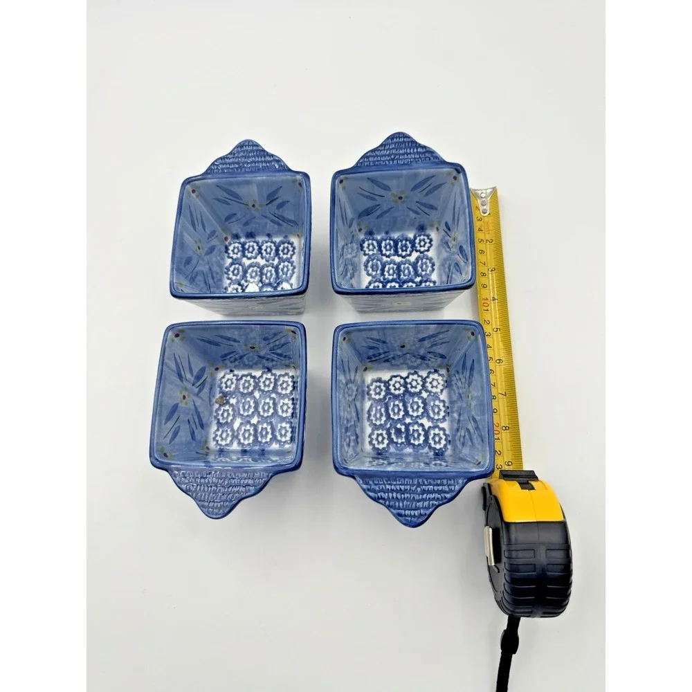 Temp-tations Old World Blue Set of 4 Mini Square Bakers Ramekins Handles